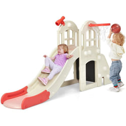 Costway - Toboggan 6 en 1 pour Enfant - Glisse de 140 cm - avec Panier de Basket, Escalade, Lancer d'Anneaux et Télescope,Toboggan Intérieure,Aire de
