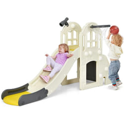 Costway - Toboggan 6 en 1 pour Enfant - Glisse de 140 cm - avec Panier de Basket, Escalade, Lancer d'Anneaux et Télescope,Toboggan Intérieure,Aire de