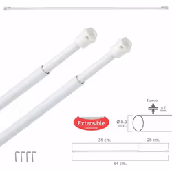Lot de 2 barres de support de rideau extensibles avec ventouses - Mesure fermé/ouvert : 36/64 cm. - Diamètre extérieur du tub ...