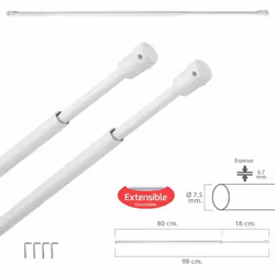 Lot de 2 tringles à rideaux extensibles - Taille fermé/ouvert : 80/98 cm. - Diamètre extérieur du tube : 7,5 mm. - Tringles à ...