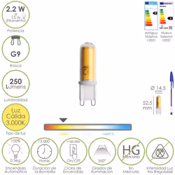 Bombilla led G9 - Rosca: G9. - Potencia: 2,2 W. - 3000 º K. (Kelvin), Luz calida, luz luz amarilla. - 250 lúmenes. - Haz / ap ...