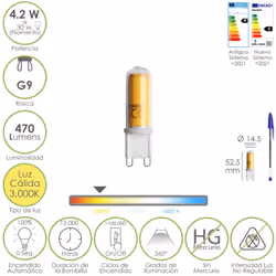 Bombilla led G9 - Rosca: G9. - Potencia: 4,2 W. - 3000 º K. (Kelvin), Luz calida, luz luz amarilla. - 470 lúmenes. - Haz / ap ...