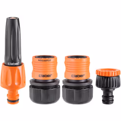 Contient: nez de robinet double filetage 20-27 - 15-21 mm , 2 raccords 19 mm dont 1 avec aquastop et 1 lance d’arrosage. Racc ...