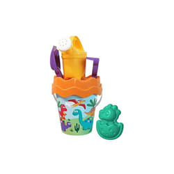 Dino 6 pièces, seau passoire, moule à sable, pelle, râteau, verseur, 16 cm, diamètre : 17 cm, à partir de 10 mois, 107114 - Simba