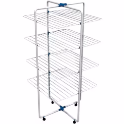 Séchoir à linge vertical simple et robuste en acier. Quatre niveaux de grilles pliables, avec roues pivotantes et protections ...