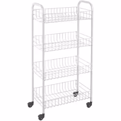 Chariot polyvalent 4 étagères dimensions : 41x23x84cm (largeur/profondeur/hauteur) metaltex. Avec roues. Fil de ldpe plastifi ...