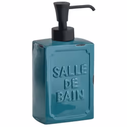 Distributeur de savon en céramique bleue Vivienne Gedy . Dimensions (cm) : hauteur 18, largeur 8,7, profondeur 6.