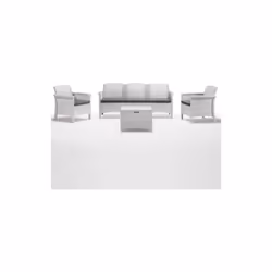 Salon de jardin Venezia III canape' trois places fauteuils et table basse en polypropyle'ne effet rotin blanc avec coussins