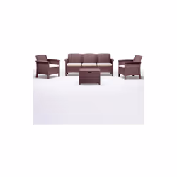 Salon de jardin Venezia III canape' trois places fauteuils et table basse en polypropyle'ne effet rotin marron avec coussins