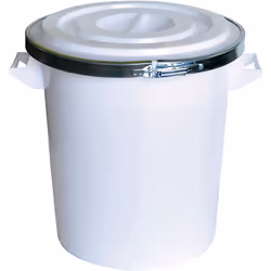 Avec couvercle équipé d'une fermeture à anneau métallique avec joint. Plastique.