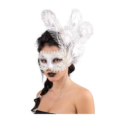 MASQUE VÉNITIEN PLUMES GLITTER PLASTIQUE ADULTE  Blanc