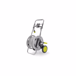 Chariot dévidoir en plastique et métal, pratique grâce au système de guidage du tuyau qui facilite l’enroulement du tuyau. Il ...