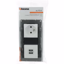 La prise de courant 16A avec prise double USB 3A précâblées Altège avec connexion à bornes automatique en finition Neige, con ...