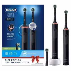Brosse à dents électriques Oral-B Pro 3 3900 - Lot de 2 - 2 manches noirs - 3 Brossettes - Conçues Par Braun