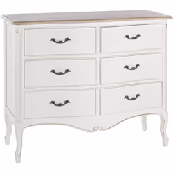 Ceci est une commode 6 tiroirs en bois blanc REBERTY, le modèle parfait pour embellir votre espace intérieur. Ce meuble peut  ...