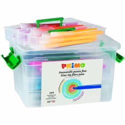 PRIMO 615PEN120 Feutres super-lavables pointe fine en mallette scolaire avec 4 compartiments 120 pièces 12 couleurs.