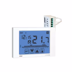 Set compose' d'un chrono thermostat mural hebdomadaire a' e'cran tactile et d'une te'le'commande. La charge (climatiseur, cha ...
