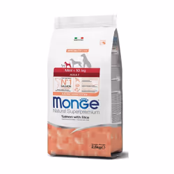 Monge Natural Superpremium Mini Adult Monoprotein* Saumon avec Riz est un aliment complet pour les chiens adultes de taille m ...