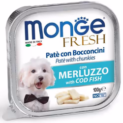 Monge Dog Fresh Pâté et Morceaux de Morue 100g Monge Fresh est une nourriture humide complète et sans céréales pour chiens ad ...