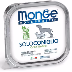 Monge Dog Monoprotein Solo Lapin 150g Aliment complet hypoallergénique sous forme de délicieux pâté de lapin , destiné aux ch ...