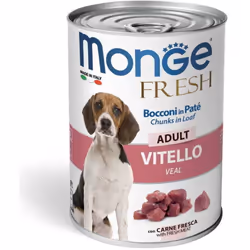 Monge Dog Fresh pâté et morceaux de veau 400g Monge Fresh est un aliment humide complet, sans céréales, pour chiens adultes d ...