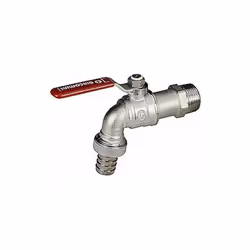Robinet de distribution, laiton chromé, avec fixation mâle et clip de tuyau. Poignée à levier rouge. Pour les systèmes hydrau ...