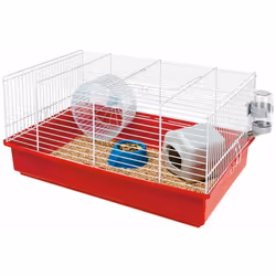 Criceti 9 est une petite cage pour hamsters construite avec des matériaux résistants avec grillage en métal peint avec fond e ...