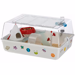 Mini Duna Space est une cage en plastique pour hamsters et souris. Grâce aux accessoires et autocollants inclus, vous pouvez  ...