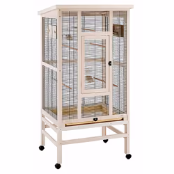 Description générale Volière élégante et spacieuse pour canaris, perruches et oiseaux exotiques, fabriquée en bois de pin nor ...