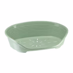Corbeille en plastique pour chiens au design moderne et élégant. Coloris vert, avec perforations pour une bonne aération, sur ...