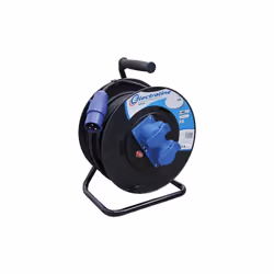 Enrouleur de cable de rallonge industriel Electraline 30 m. 2 prises IEC avec fiche 3 broches pour camping-car