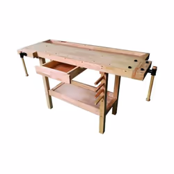 Etabli idéal pour tout type de poste de travail, en bois huilé, équipé d'une étagère intermédiaire, d'un tiroir, de 4 tiges d ...