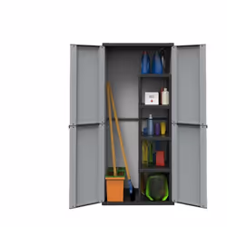 Armoire éponge en balai résine 68 x 38 x 164 h Double porte, compartiment balai et étagère avec quatre étagères. Charge par é ...
