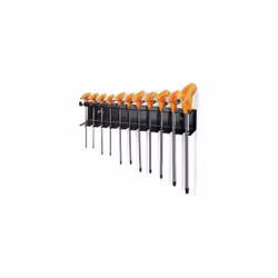 Jeu de 11 clés mâles torx coudées avec support. Contenu de la série : T8-t9-t10-t15-t20-t25t27-t30-t40-t45-t50 Nombre de pièc ...