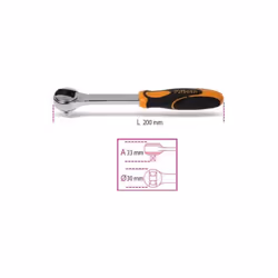 Cliquet réversible carré mâle 3/8 à 72 dents, d'une longueur de 200 mm et diamétre 33 mm. Contenu du colis :