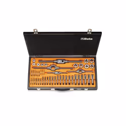 Assortiment de tarauds et filières avec accessoires en acier chromé à filetage métrique dans un coffret en bois. Contenu de l ...