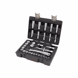 Coffret plastique avec attache métal, de 33 accessoires 3/8" se composant de 28 douilles 6 pans + 5 accessoires C910A: 18 Dou ...