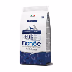 Monge Natural Superpremium Medium Puppy and Junior Riche en Poulet est un aliment complet pour les chiens chiots de taille mo ...