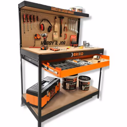 Établi avec tiroir et panneau perforés et étagère Hobby and Job. Cet établi, que vous soyez professionnel ou amateur, offre u ...