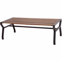 Tables Valy Structure en acier, plateau en lattes de bois. Dimensions L122xP60xH42 cm.