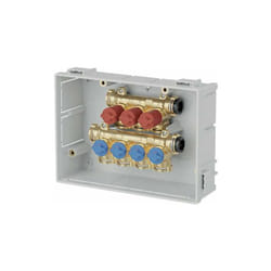 Collecteurs de distribution d'eau sanitaire pré-assemblés en coffret avec vannes d'arrêt individuelles Caleffi 359 4F-3C