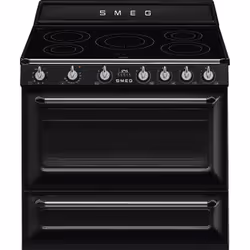 Smeg Victoria TR90IBL2, Cuisinière, Noir, Boutons, Rotatif, Chrome, Verre, Métal, Devant