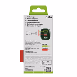 SBS TETRGANLCD1USB1C30G chargeur d'appareils mobiles Universel Vert Secteur Charge rapide Intérieure