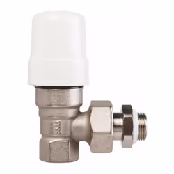 Description générale Robinet thermostatique équerre RBM - 310, conçu pour réguler la température dans les systèmes de chauffa ...