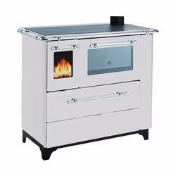 Poêle à bois traditionnel en acier émaillé avec finitions en acier inoxydable. En plus de cuisiner, il chauffe l'environnemen ...