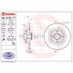 Disque de frein BREMBO 08A13517 arrière, plein, 1 pièce