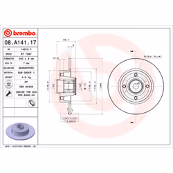 Disque de frein BREMBO 08A14117 arrière, plein, 1 pièce