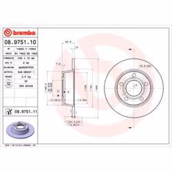 Disque de frein BREMBO 8975111 arrière, plein, 1 pièce