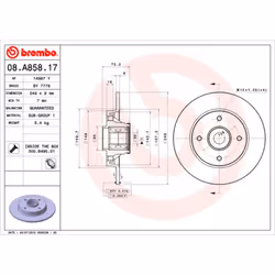 Disque de frein BREMBO 08A85817 arrière, plein, 1 pièce