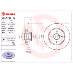 Disque de frein BREMBO 08A72917 arrière, plein, 1 pièce